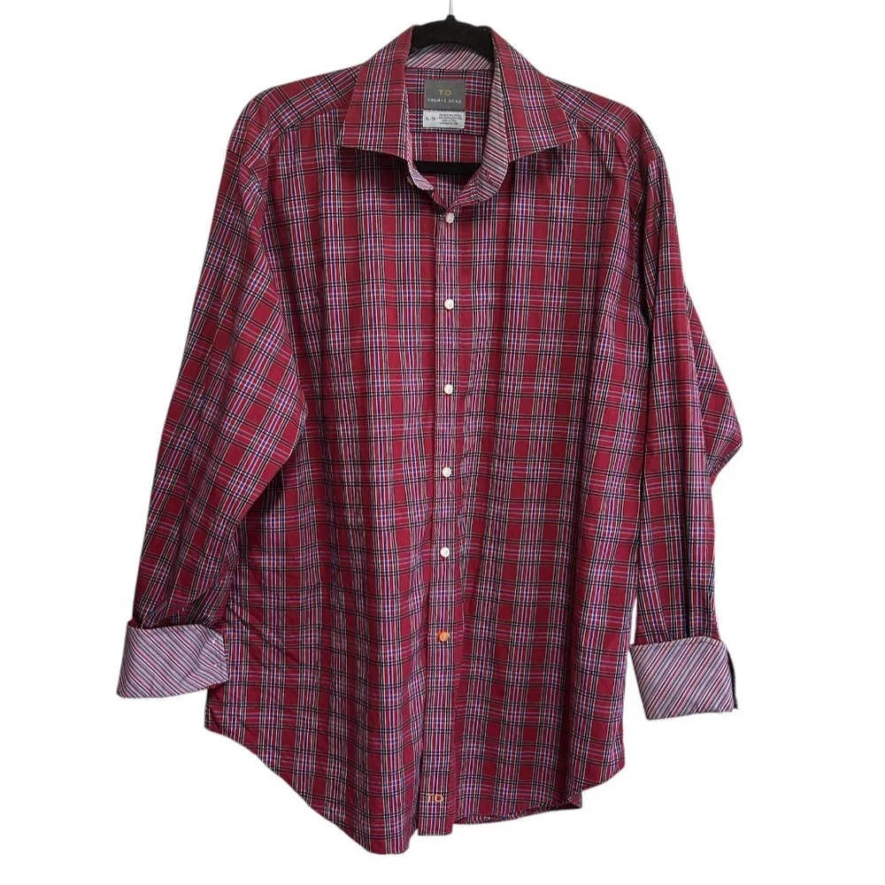 Thomas Dean Shirt Size XL Red Plaid Flip Cuffs Long Sleeves